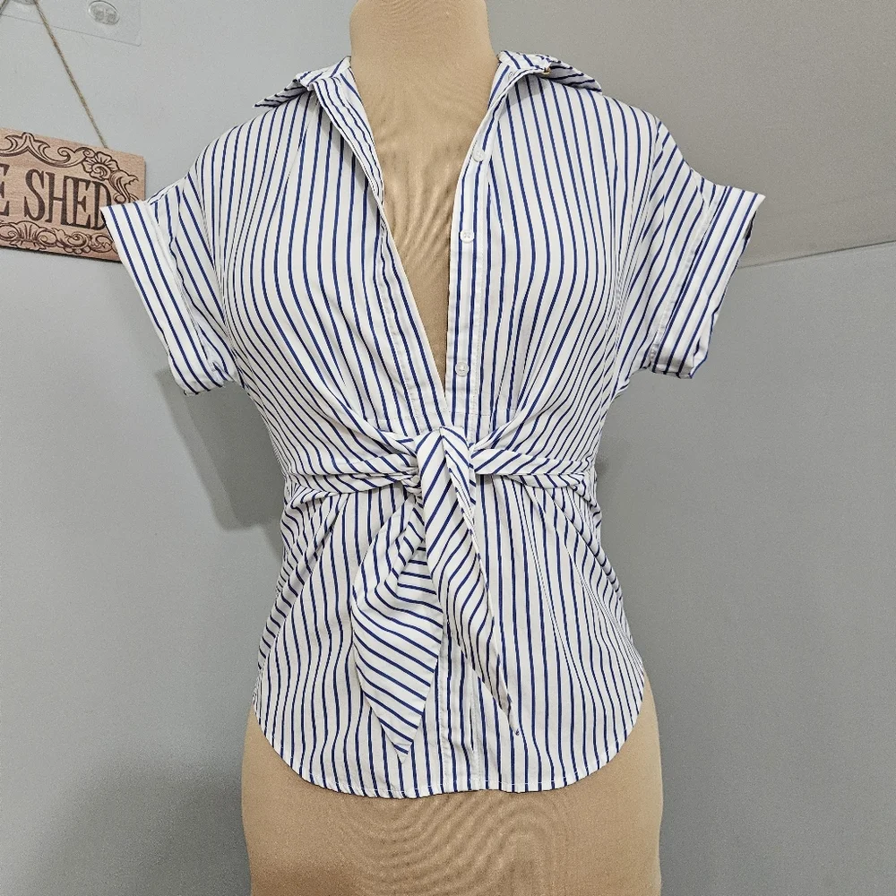 Lauren Ralph Lauren Blue White Stripe Wrap Blouse Short Sleeve XS Summer Resort - Picture 3 of 16